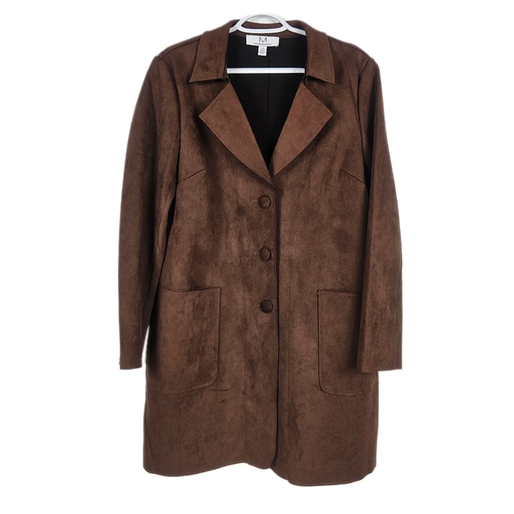 Magaschoni Brown Faux Suede Jacket Lightweight Long Mid Thigh Button Up Large